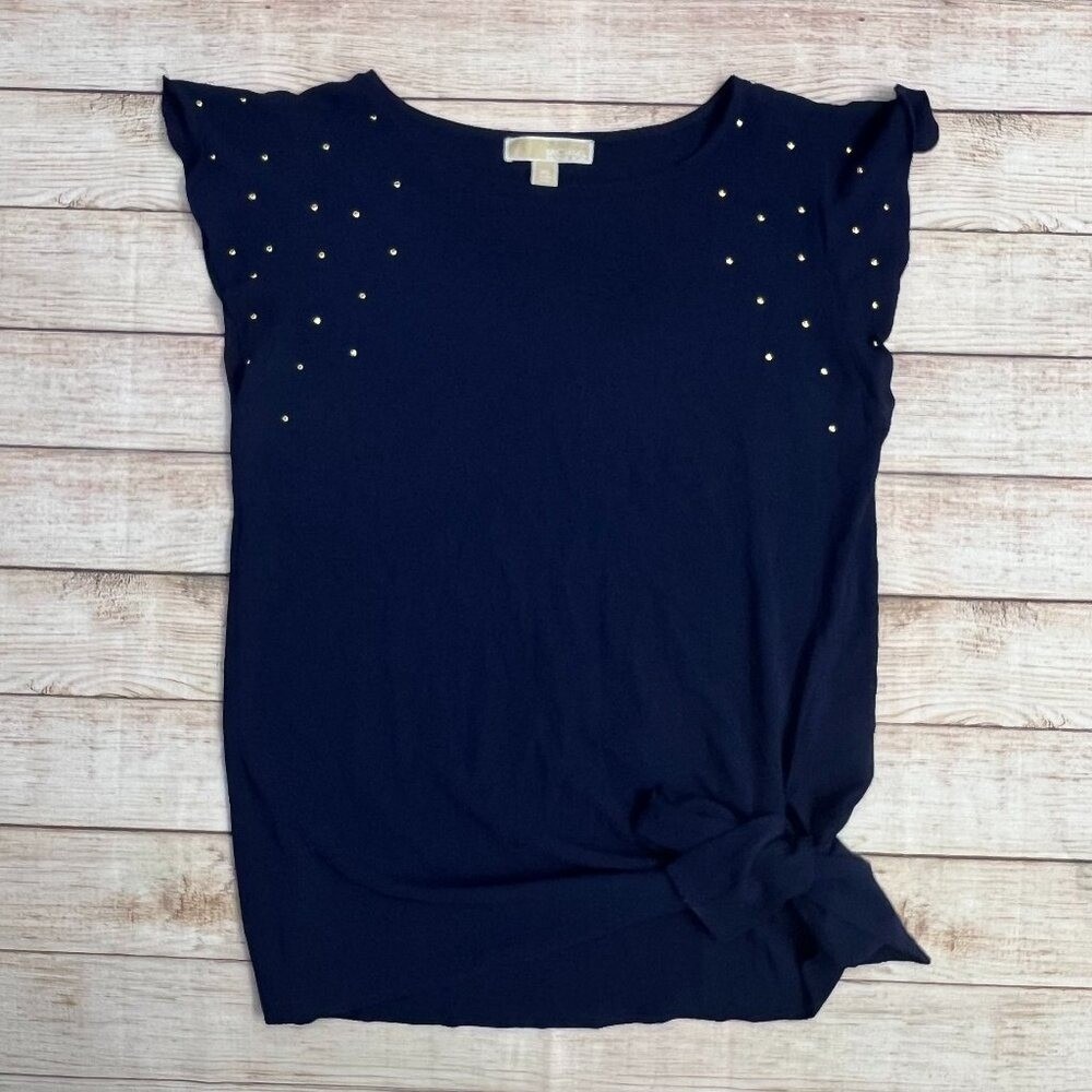 Michael Kors Blouse Women XS‎ Navy Blue Gold Studded Flutter Sleeve Side Tie Top
